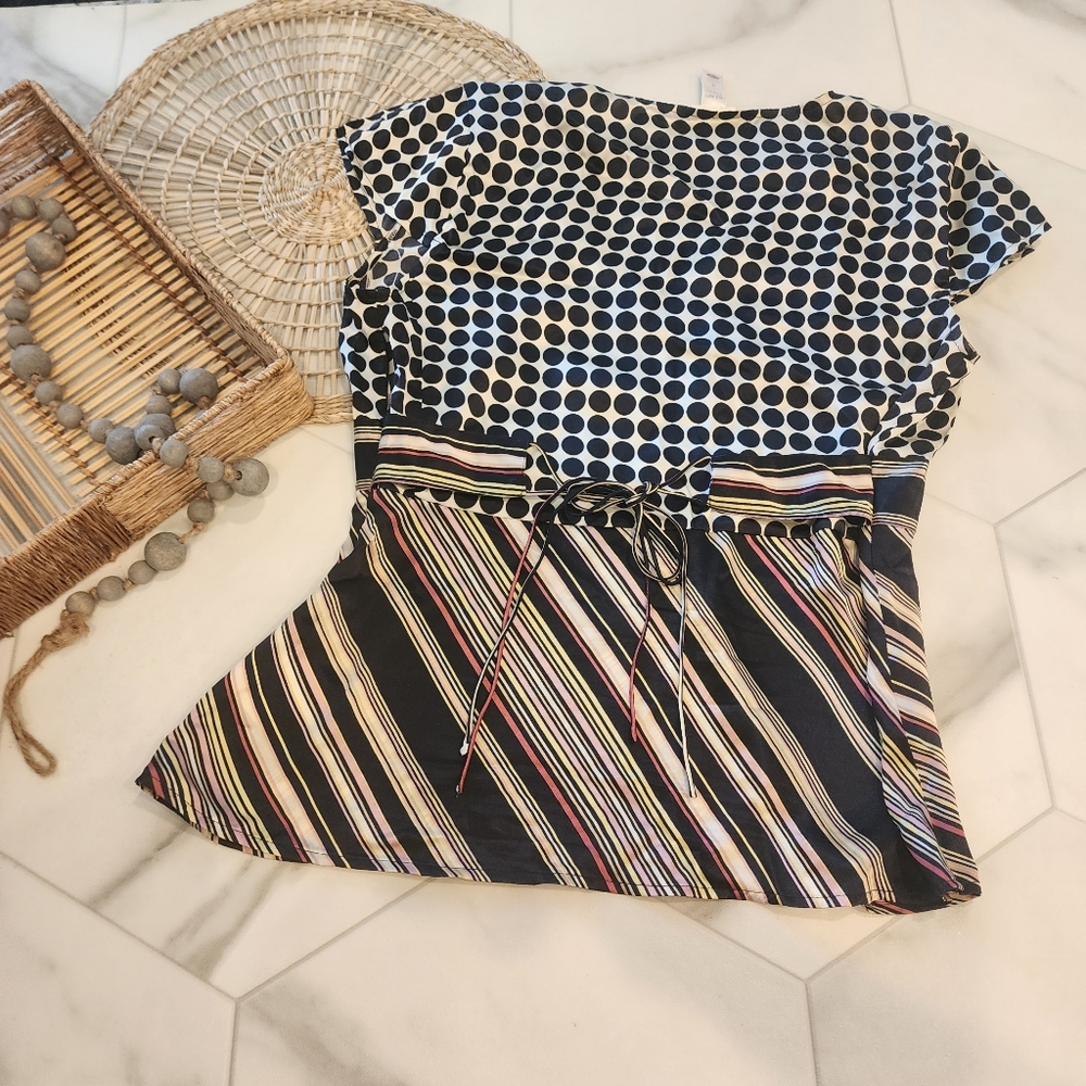[Old Navy]Y2K cutest multi mix stripes & pok a dot silky feel blouse w/waist tie - Picture 5 of 8